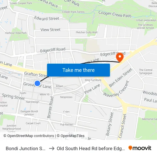 Bondi Junction Station to Old South Head Rd before Edgecliff Rd map