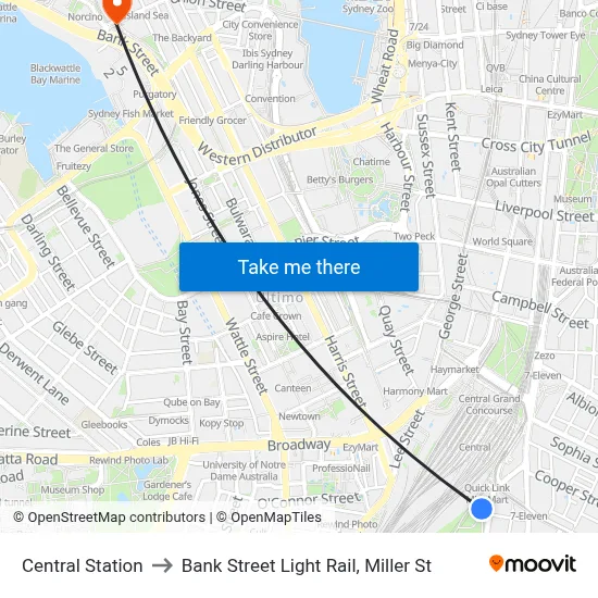 Central Station to Bank Street Light Rail, Miller St map