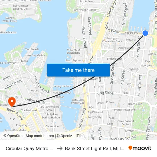 Circular Quay Metro Link to Bank Street Light Rail, Miller St map