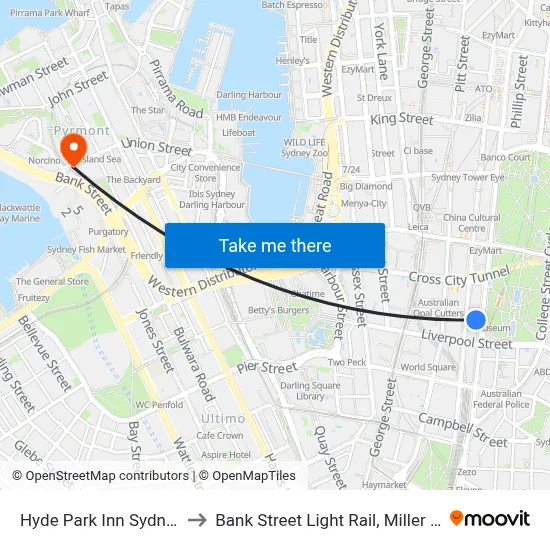 Hyde Park Inn Sydney to Bank Street Light Rail, Miller St map