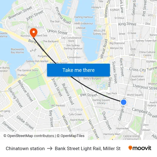 Chinatown station to Bank Street Light Rail, Miller St map