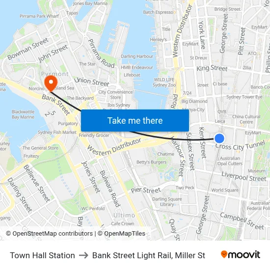 Town Hall Station to Bank Street Light Rail, Miller St map