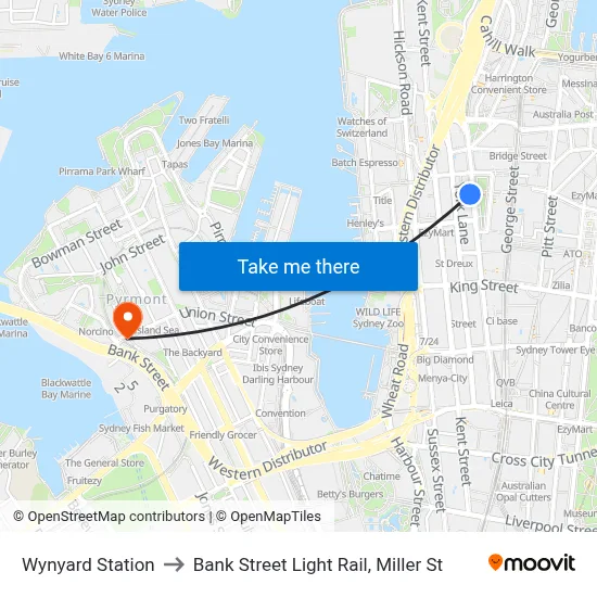 Wynyard Station to Bank Street Light Rail, Miller St map