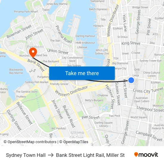 Sydney Town Hall to Bank Street Light Rail, Miller St map