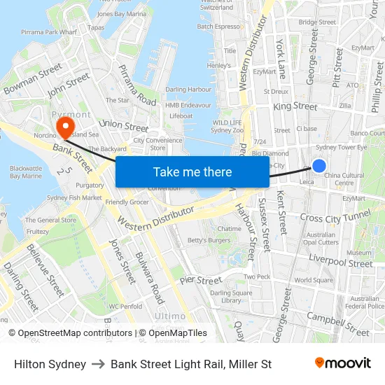 Hilton Sydney to Bank Street Light Rail, Miller St map