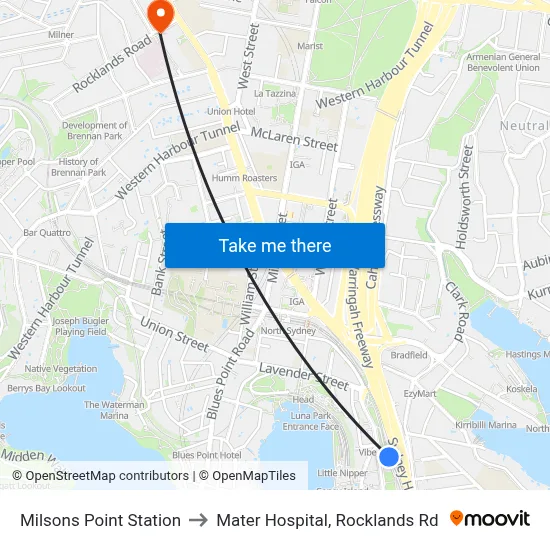 Milsons Point Station to Mater Hospital, Rocklands Rd map