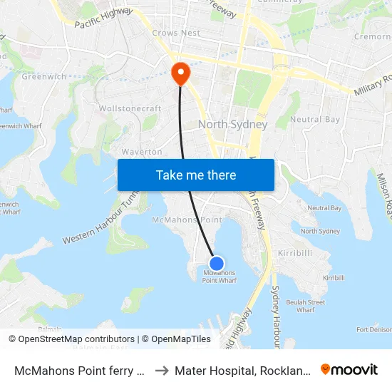 McMahons Point ferry wharf to Mater Hospital, Rocklands Rd map