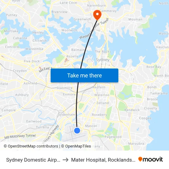 Sydney Domestic Airport to Mater Hospital, Rocklands Rd map