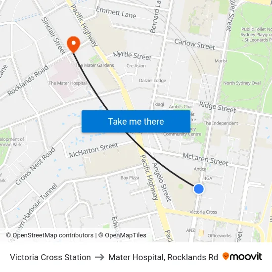 Victoria Cross Station to Mater Hospital, Rocklands Rd map