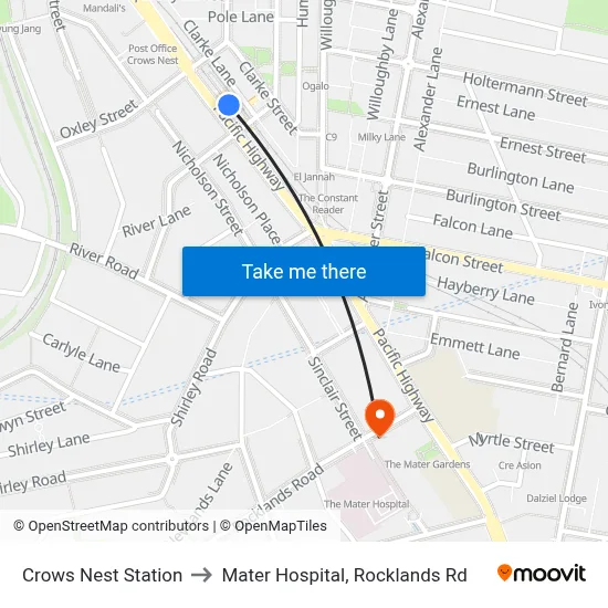 Crows Nest Station to Mater Hospital, Rocklands Rd map