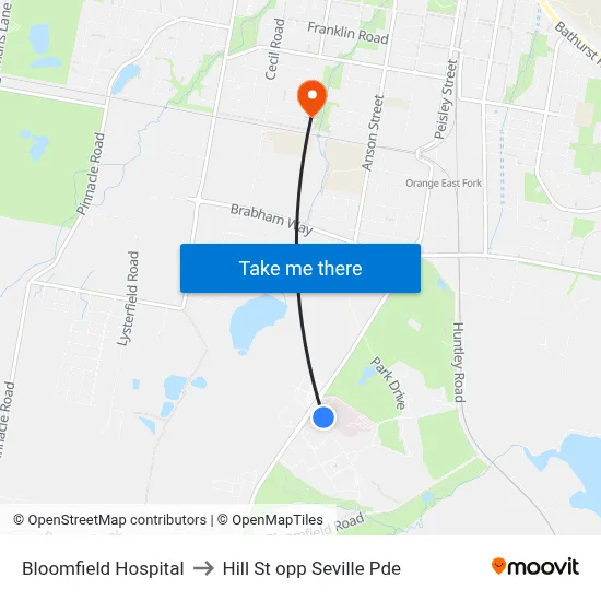 Bloomfield Hospital to Hill St opp Seville Pde map