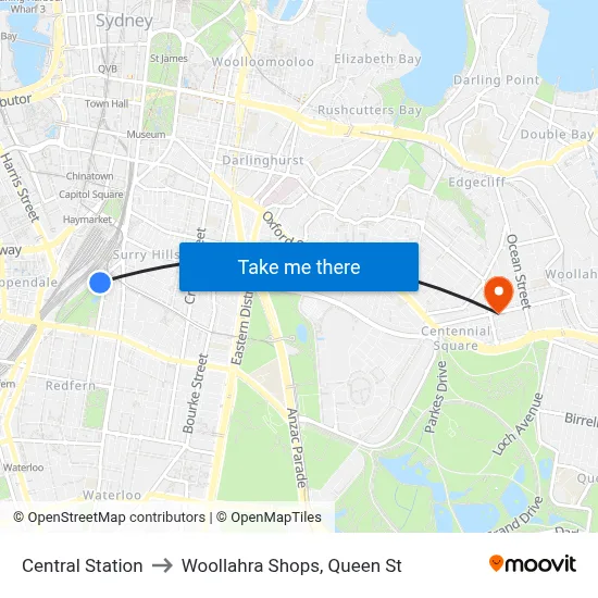 Central Station to Woollahra Shops, Queen St map