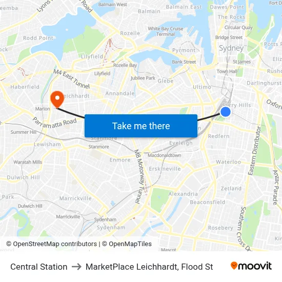Central Station to MarketPlace Leichhardt, Flood St map