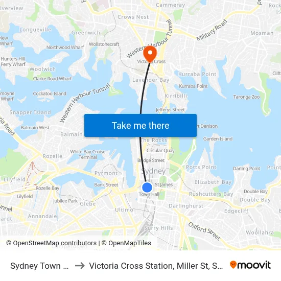 Sydney Town Hall to Victoria Cross Station, Miller St, Stand E map