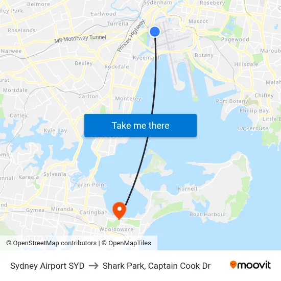 Sydney Airport SYD to Shark Park, Captain Cook Dr map