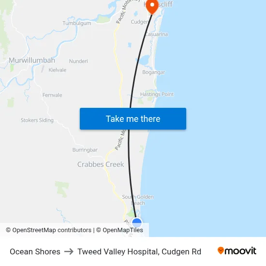 Ocean Shores to Tweed Valley Hospital, Cudgen Rd map