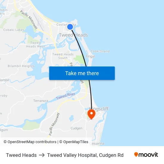 Tweed Heads to Tweed Valley Hospital, Cudgen Rd map