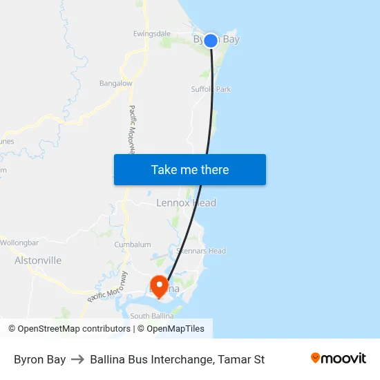 Byron Bay to Ballina Bus Interchange, Tamar St map