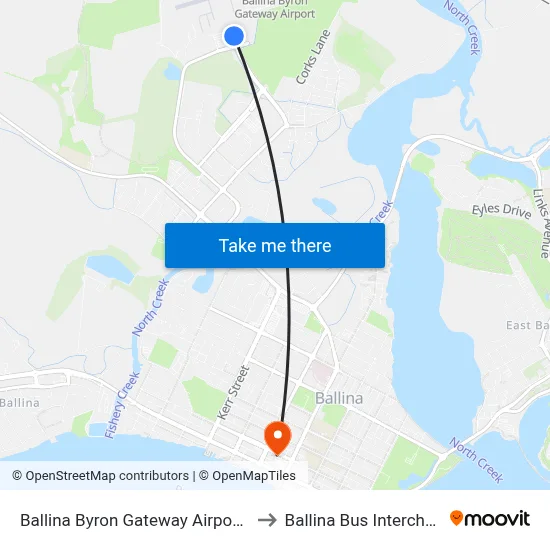 Ballina Byron Gateway Airport, Southern Cross Dr to Ballina Bus Interchange, Tamar St map