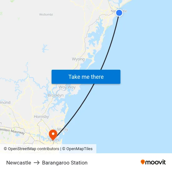 Newcastle to Barangaroo Station map