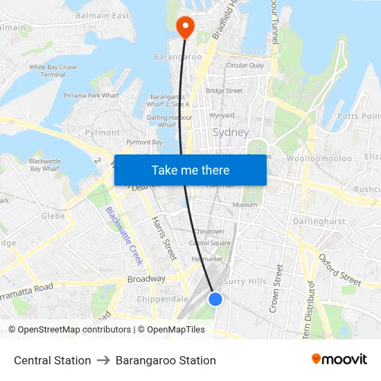 Central Station to Barangaroo Station map
