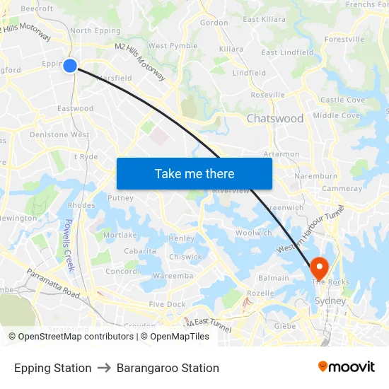 Epping Station to Barangaroo Station map