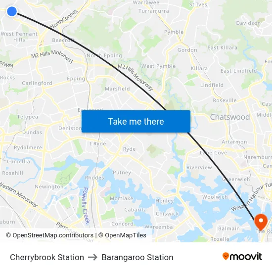 Cherrybrook Station to Barangaroo Station map