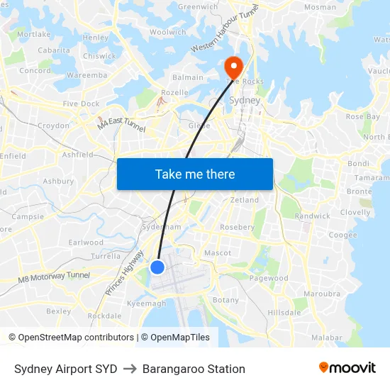 Sydney Airport SYD to Barangaroo Station map