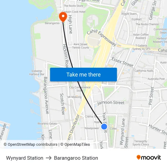 Wynyard Station to Barangaroo Station map
