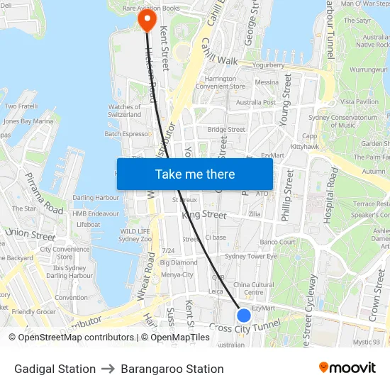 Gadigal Station to Barangaroo Station map