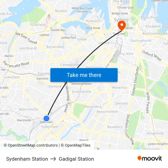 Sydenham Station to Gadigal Station map