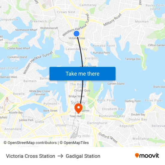 Victoria Cross Station to Gadigal Station map