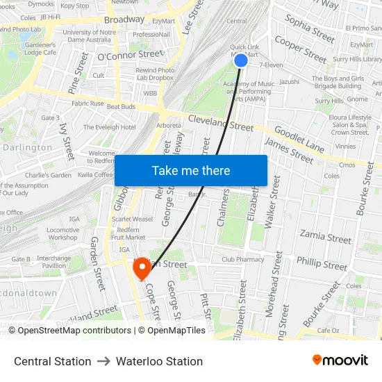 Central Station to Waterloo Station map