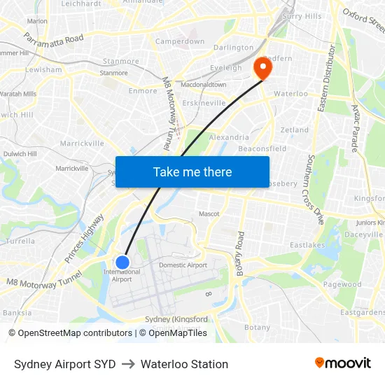 Sydney Airport SYD to Waterloo Station map