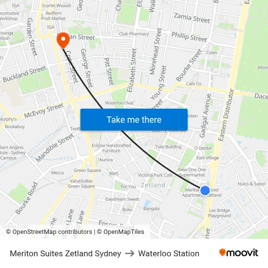 Meriton Suites Zetland Sydney to Waterloo Station map
