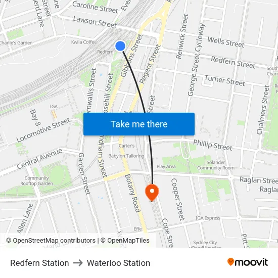 Redfern Station to Waterloo Station map