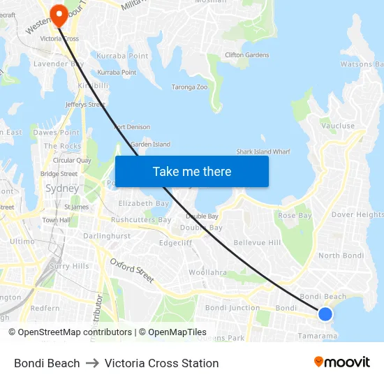 Bondi Beach to Victoria Cross Station map