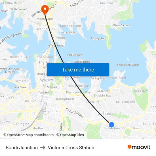 Bondi Junction to Victoria Cross Station map