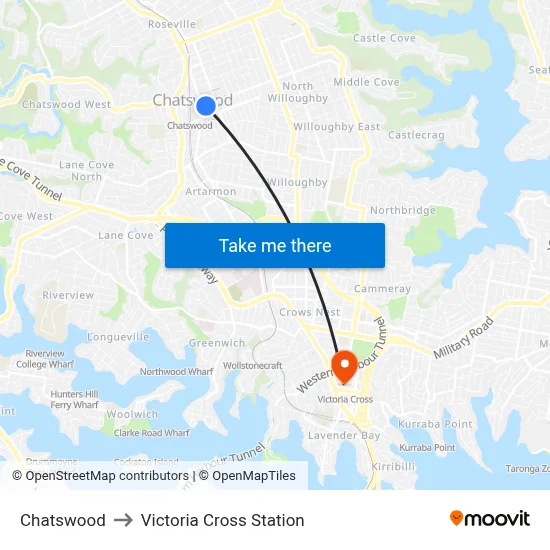 Chatswood to Victoria Cross Station map