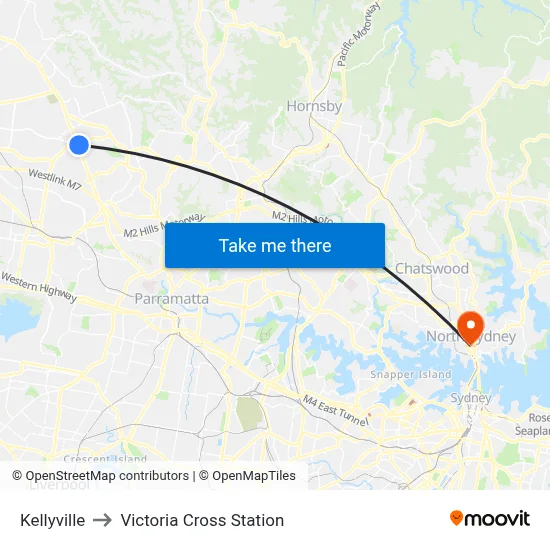 Kellyville to Victoria Cross Station map