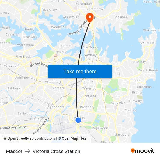 Mascot to Victoria Cross Station map