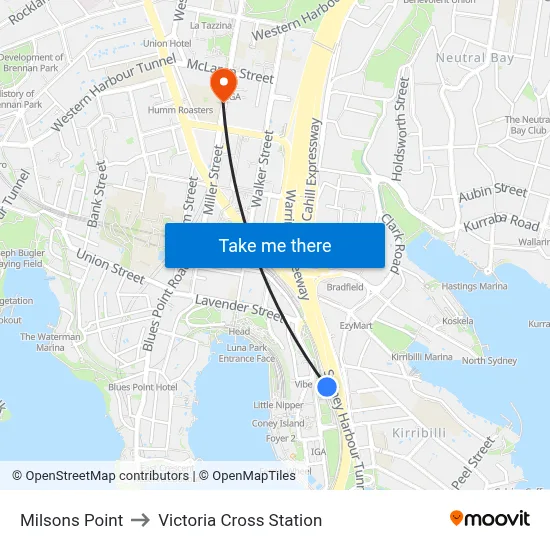 Milsons Point to Victoria Cross Station map