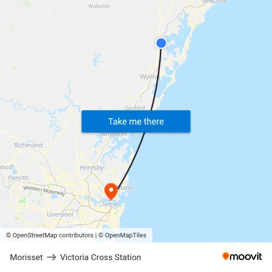 Morisset to Victoria Cross Station map