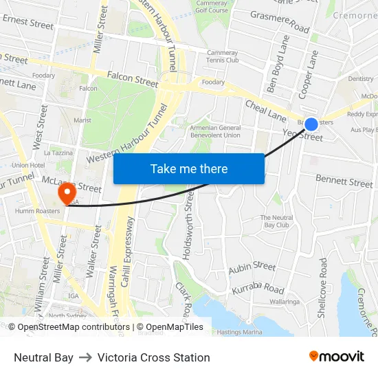 Neutral Bay to Victoria Cross Station map