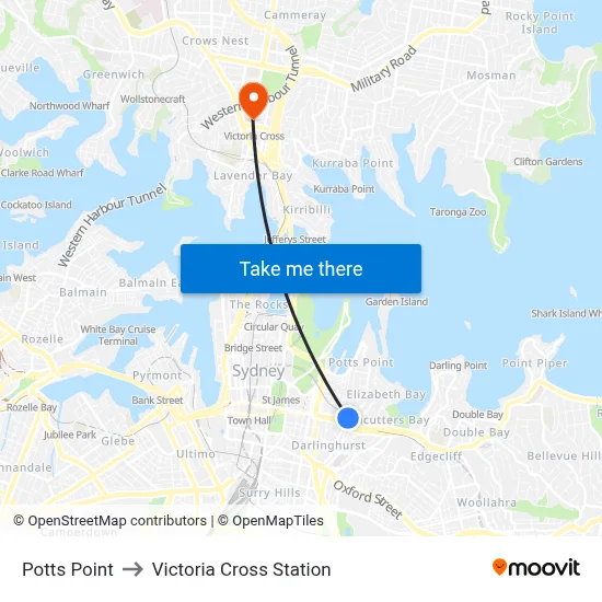 Potts Point to Victoria Cross Station map