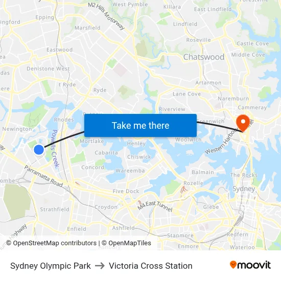 Sydney Olympic Park to Victoria Cross Station map