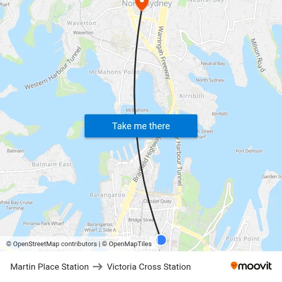 Martin Place Station to Victoria Cross Station map