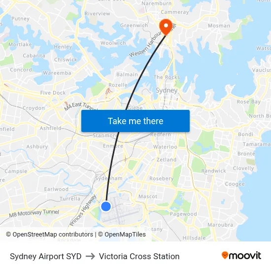 Sydney Airport SYD to Victoria Cross Station map