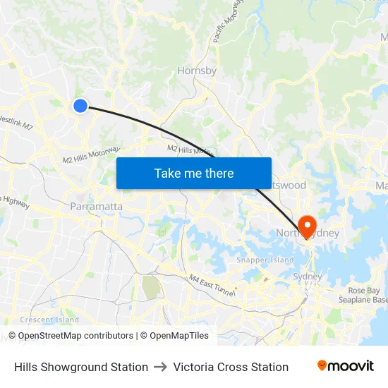 Hills Showground Station to Victoria Cross Station map
