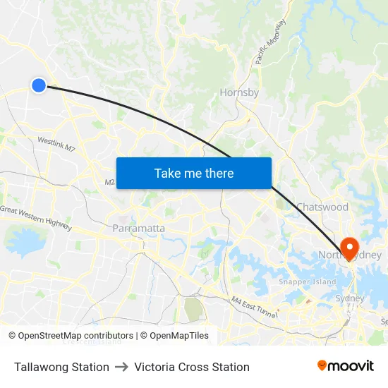Tallawong Station to Victoria Cross Station map